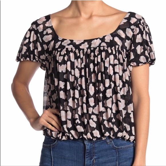 Free People Meg’s leopard print crop top black pink bubble hem mesh - Picture 4 of 10